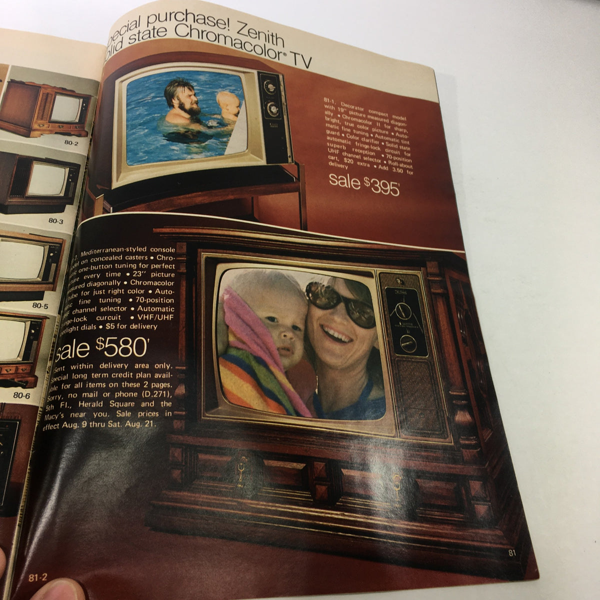 Interior page from VTG Macy's Magazine: August 1980 highlighting Zenith Chromacolor TV with a family photo in the display.