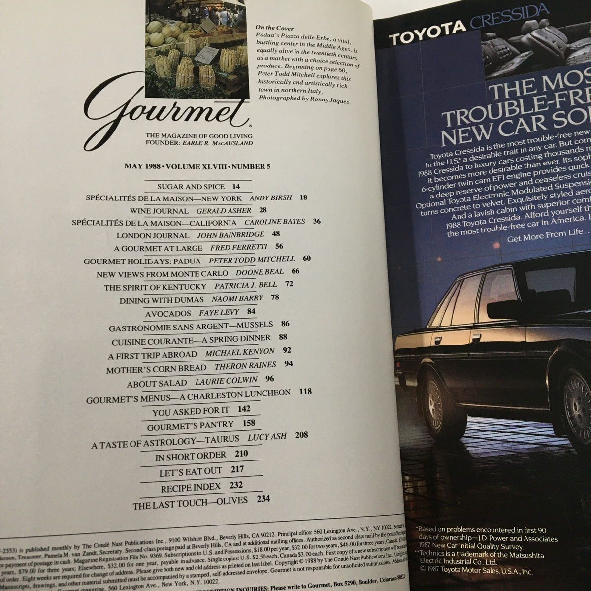 Inside view of VTG Gourmet Magazine May 1988 showing the table of contents and articles including highlights of Padua's culinary insights and recipes.