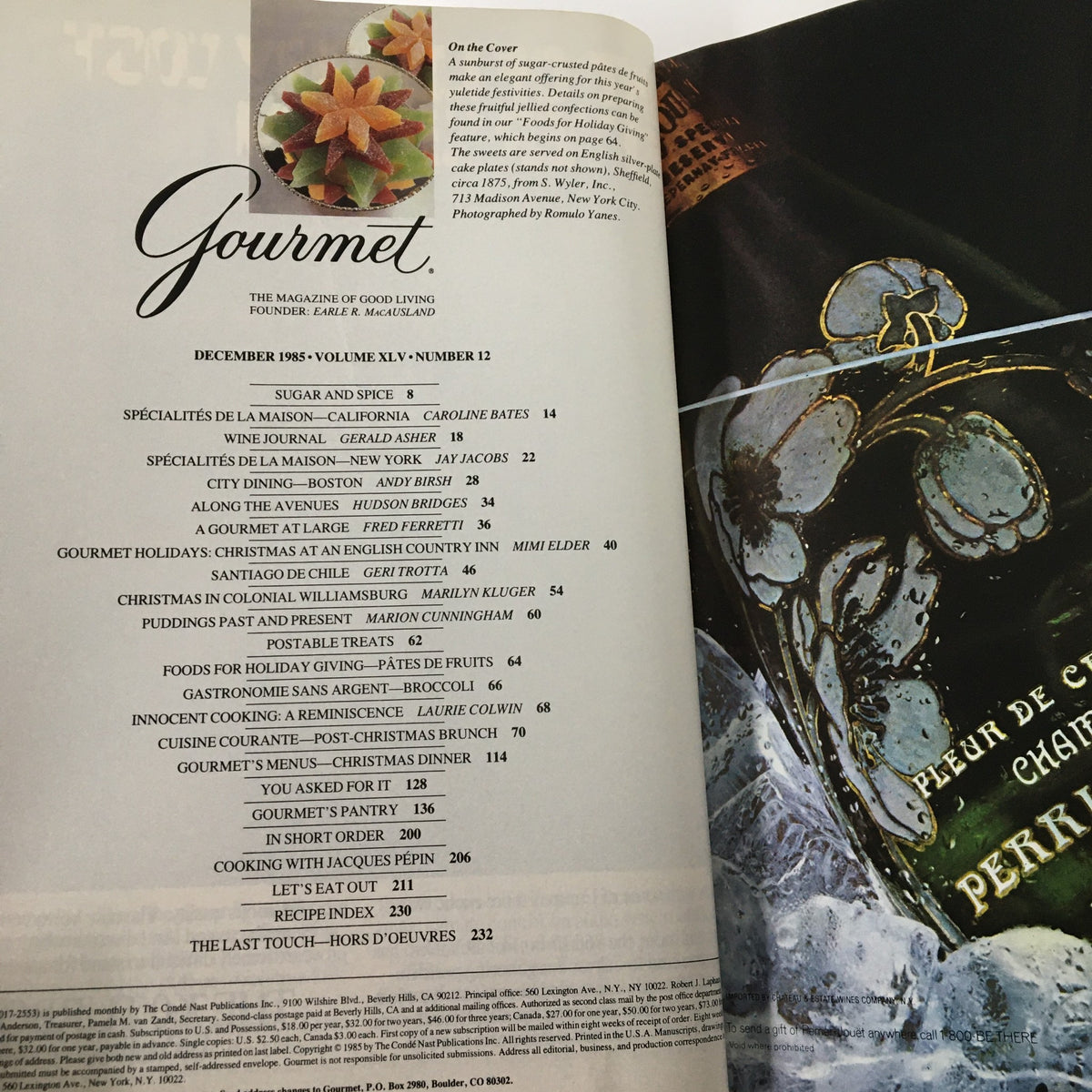 Inside page of VTG Gourmet Magazine December 1985, displaying contents and articles related to gourmet recipes and culinary trends of the 1980s.