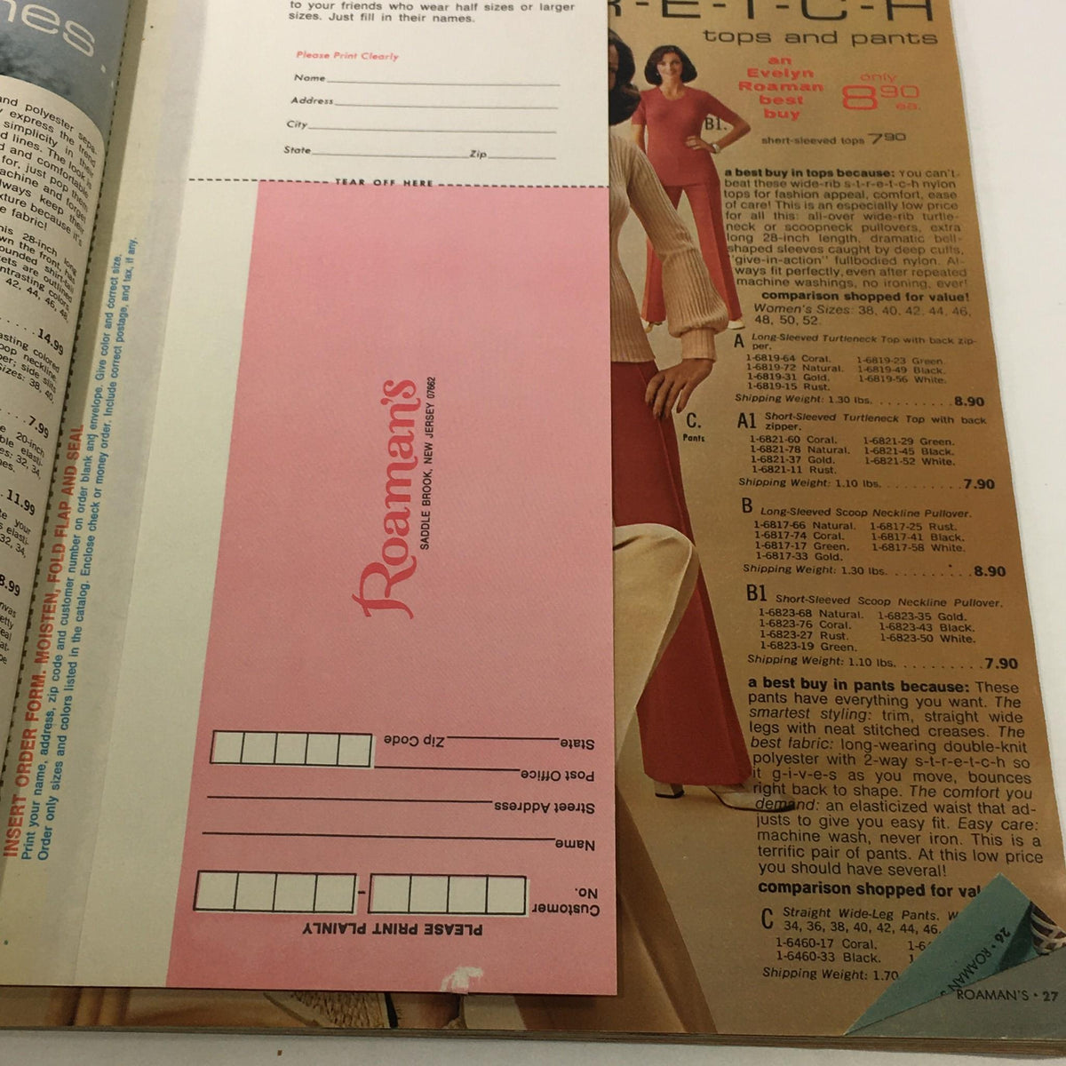 Inside page of the VTG Roaman's Catalog: Spring Summer 1976 with an order form and descriptions of fashion items tailored for large and half sizes.