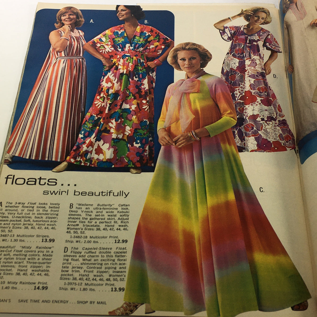 VTG Roaman's Catalog: Spring Summer 1976 showcasing fashionable dresses for plus sizes including a colorful caftan and flowing maxi dresses.
