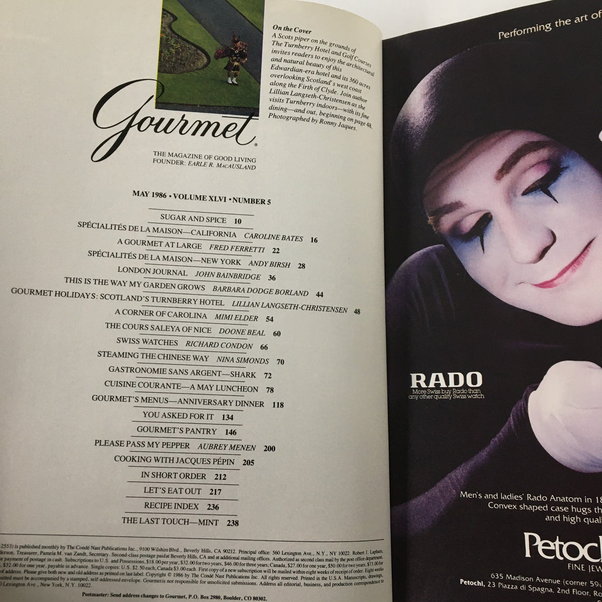 Cover page of the vintage Gourmet Magazine from May 1986, showcasing an article about the Turnberry Hotel and Golf Courses. The page features a list of articles included in the issue, highlighting culinary delights and travel insights.