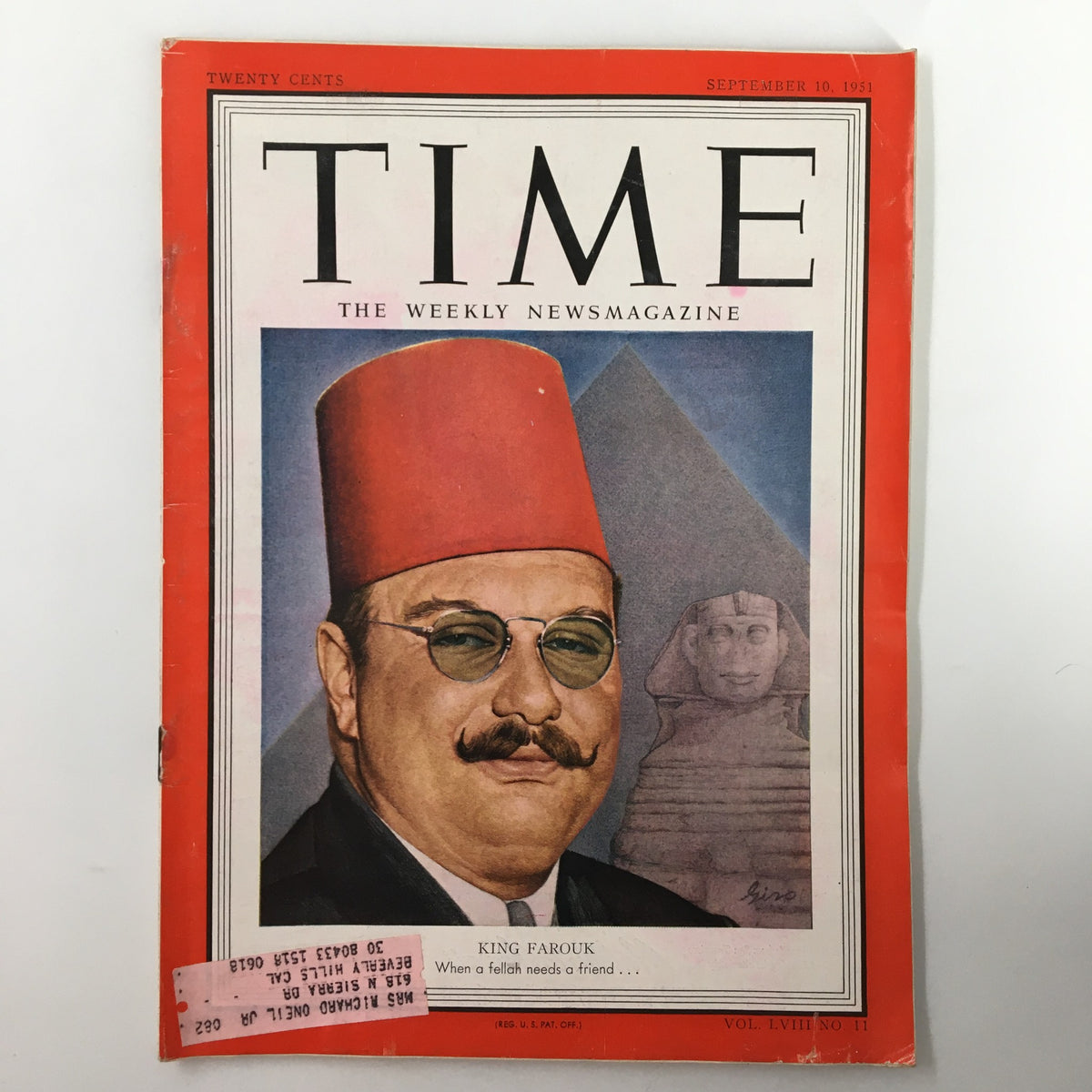 Vintage Time Magazine September 10 1951 Vol. 58 11 King Farouk of Egypt