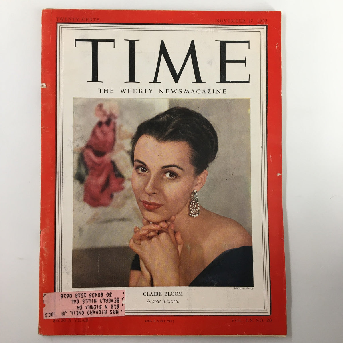 Vintage Time Magazine cover from November 17, 1952, featuring Claire Bloom, with a title stating 'A Star is Born'. The cover showcases Claire Bloom with elegant earrings and a background painting.
