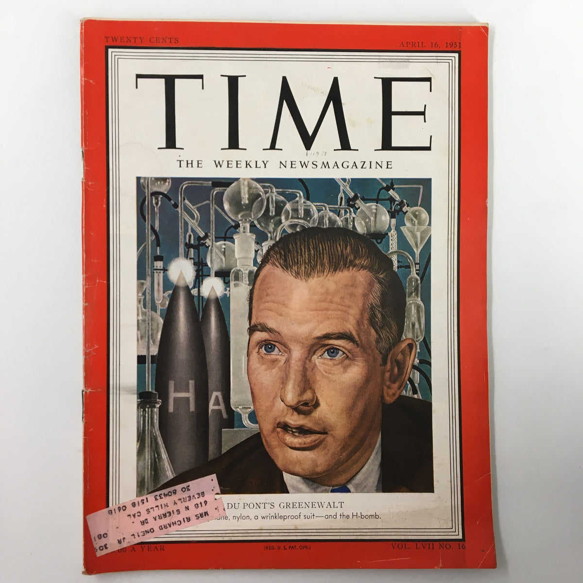 Vintage Time Magazine cover from April 16, 1951, Volume 57, Number 16 featuring Du Pont's Greenewalt with laboratory equipment and historical context.