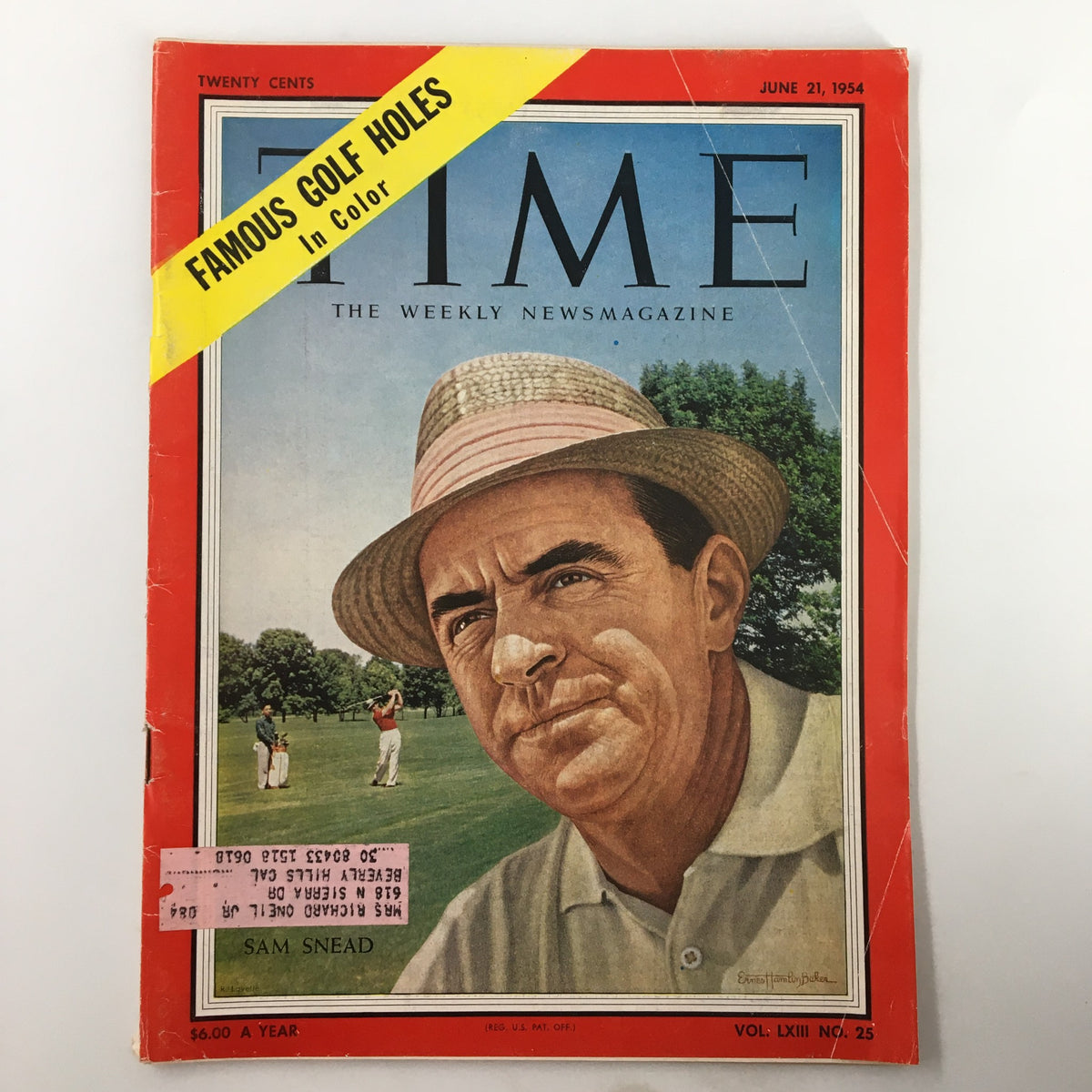 Cover of VTG Time Magazine June 21, 1954 Vol. 63 No. 25 featuring legendary golfer Sam Snead with the headline 'Famous Golf Holes' in color, showcasing the charm of vintage sports journalism.