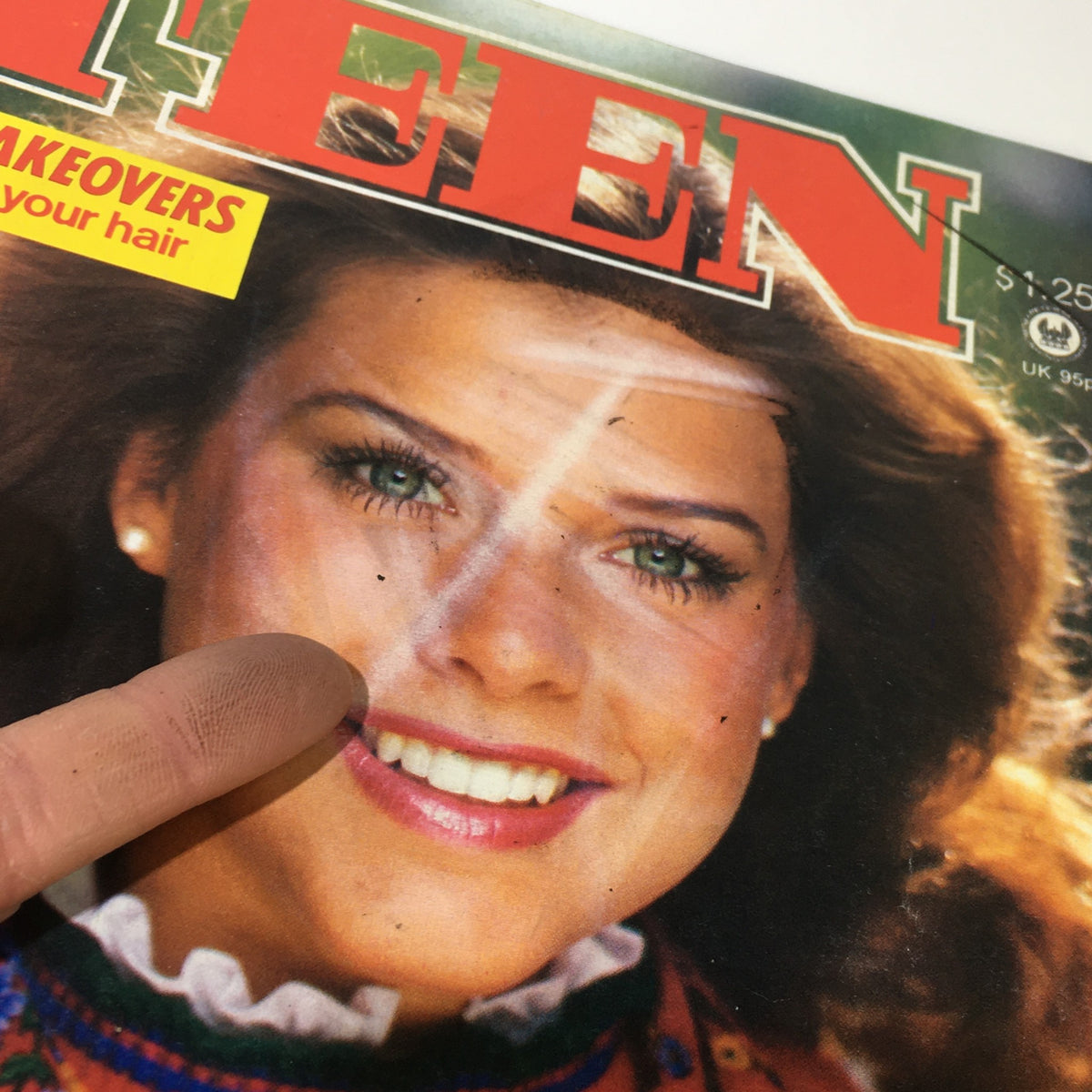 Close-up of Vintage Teen Magazine August 1981 cover highlighting model Catherine Gilmour with a bright smile and colorful sweater, capturing the essence of 1980s style.