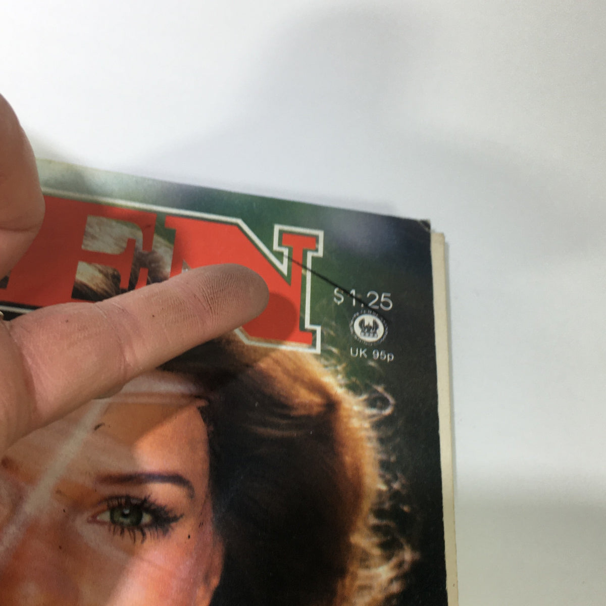 Detail view of the Vintage Teen Magazine August 1981 cover emphasizing the magazine title and price, featuring model Catherine Gilmour, a representation of classic teen fashion.