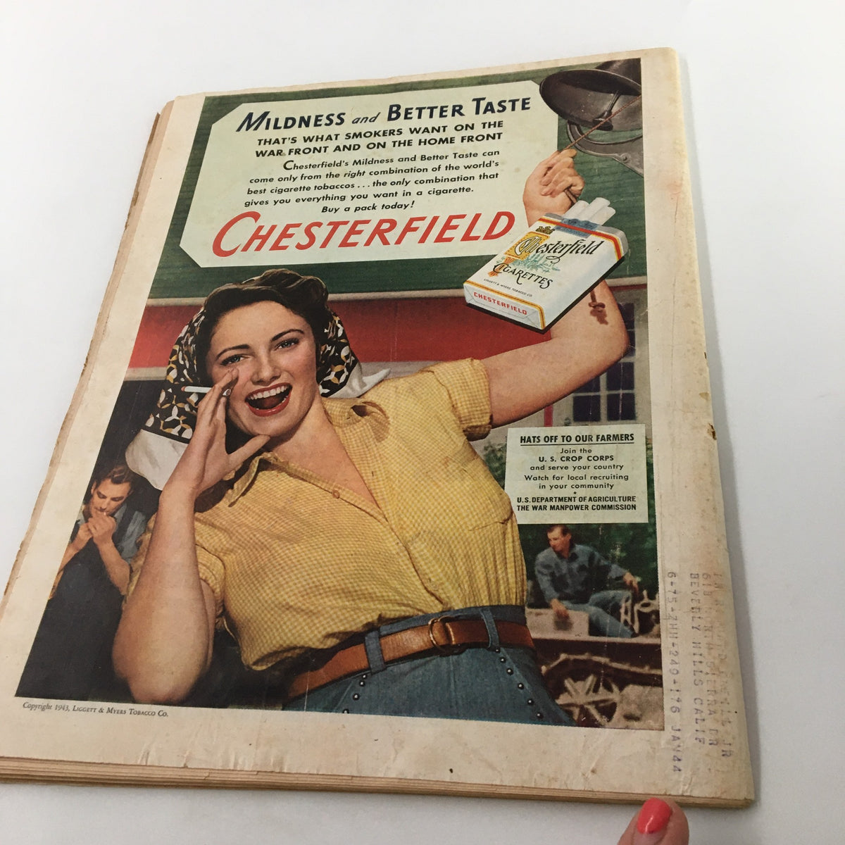 VTG Time Magazine June 21 1943 Vol. 41 No. 25 featuring a vintage advertisement for Chesterfield cigarettes showcasing a cheerful woman in a yellow checkered blouse, promoting the brand with a lively expression.