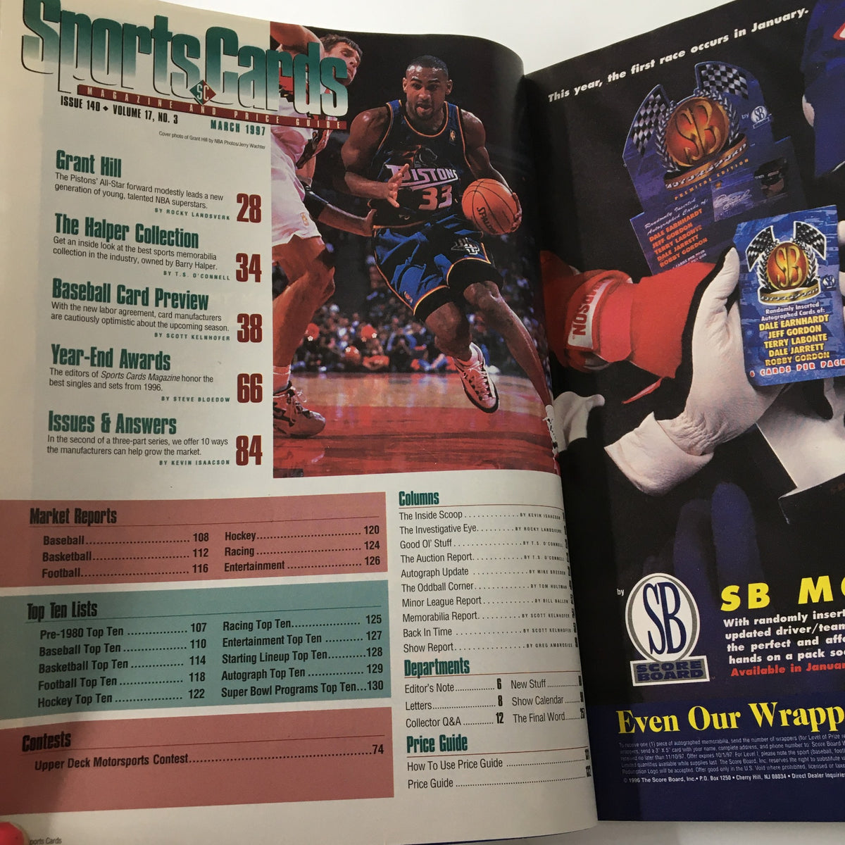 Inside page of the March 1997 Sports Cards Magazine showcasing Grant Hill and various features, including articles on sports cards and NBA highlights.
