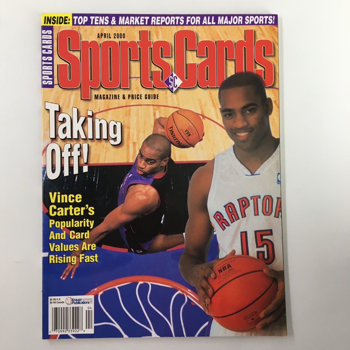 Cover of Sports Cards Magazine from April 2000 featuring Toronto Raptors star Vince Carter, highlighting his rising popularity and card value.
