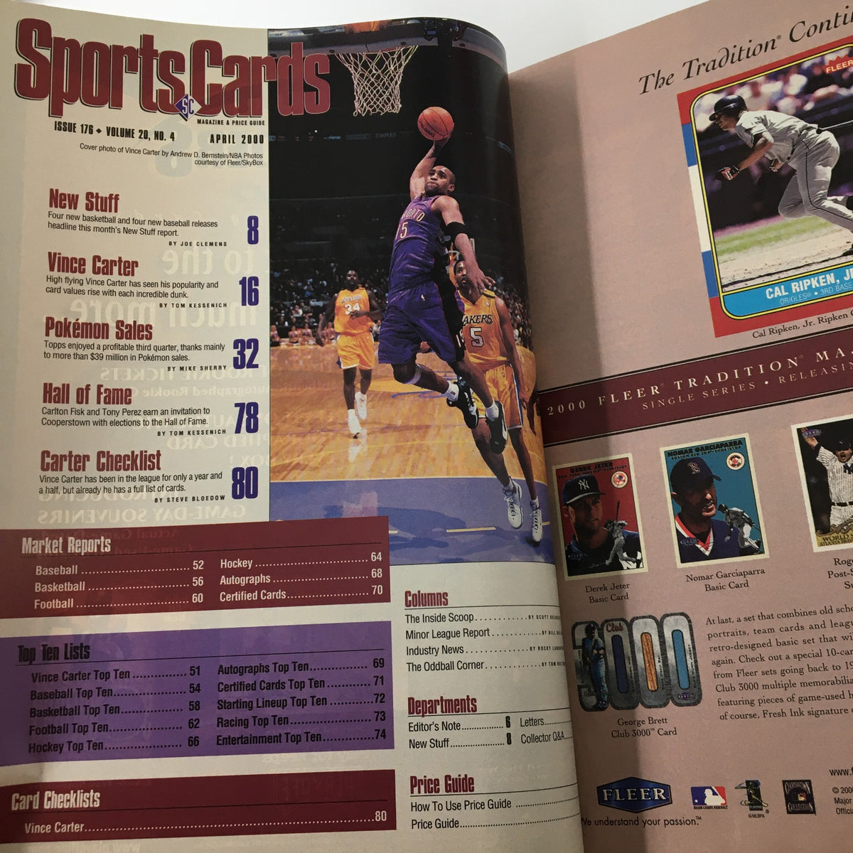 Inside spread of Sports Cards Magazine April 2000 showing articles about Vince Carter, market reports, and a basketball feature, celebrating the impact of the Toronto Raptors.