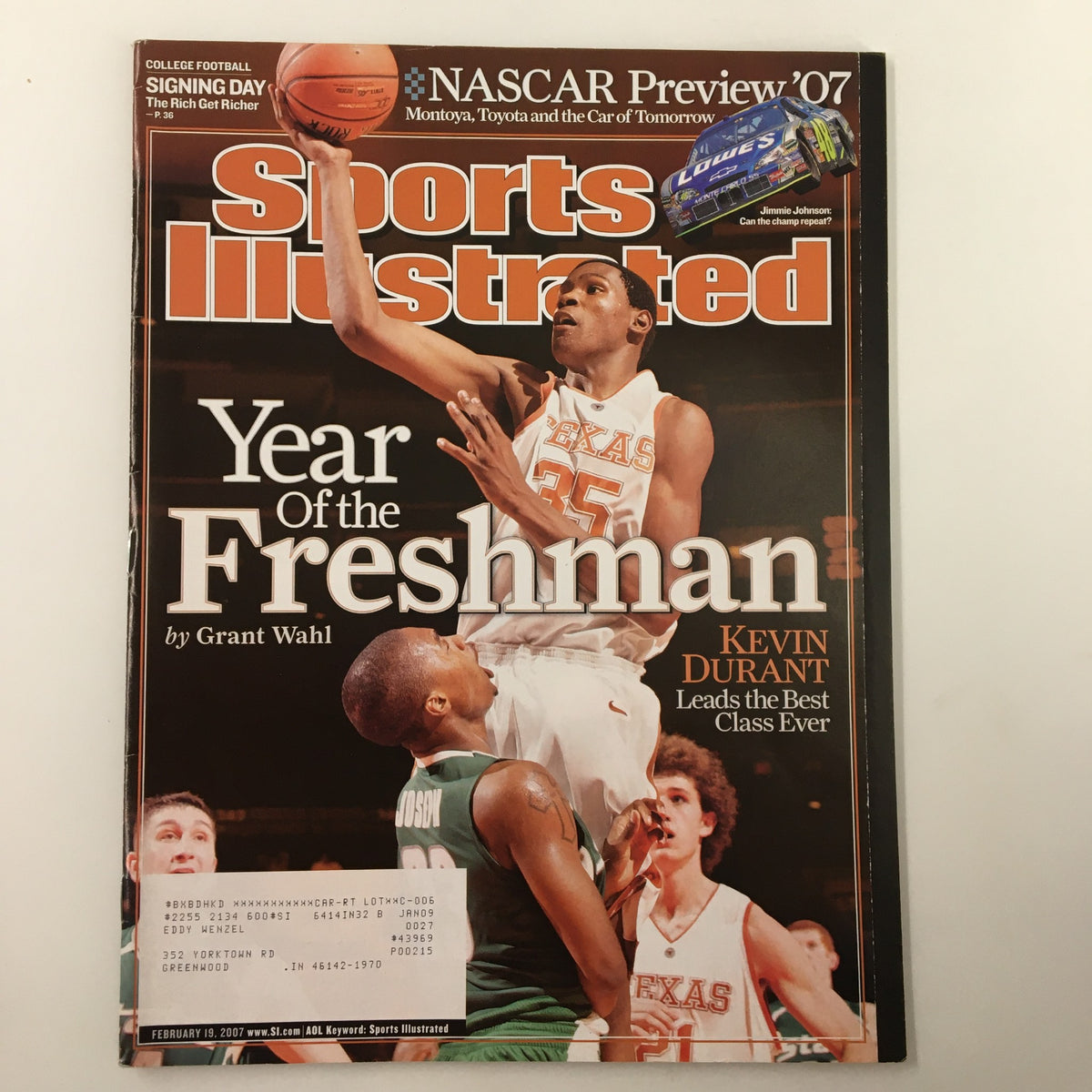 Cover of Sports Illustrated Magazine February 19, 2007 featuring Kevin Durant in action, titled 'Year of the Freshman', highlighting his impact on the NBA draft class.