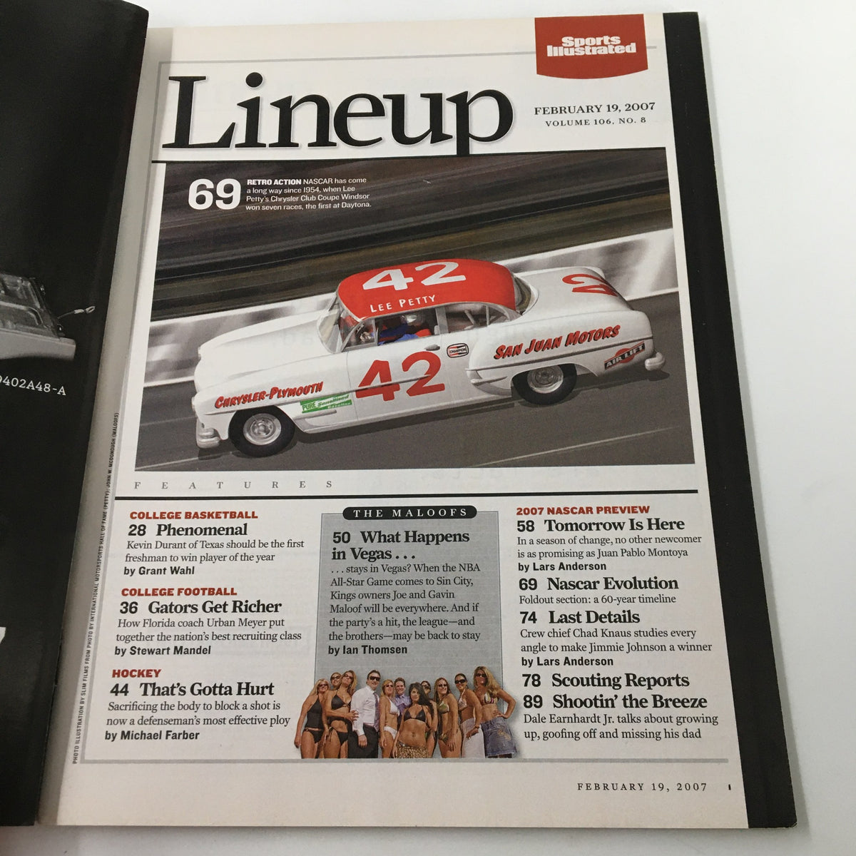 Inside spread of Sports Illustrated Magazine February 19, 2007, showcasing the Lineup section with articles on college basketball and NASCAR, featuring a vintage car.
