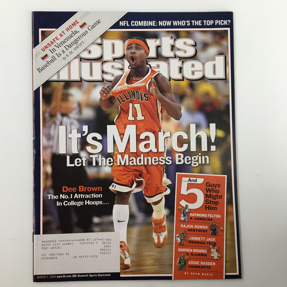 Sports Illustrated Magazine March 7 2005 cover featuring Dee Brown, NCAA star, celebrating March Madness with the headline 'It's March! Let The Madness Begin.'