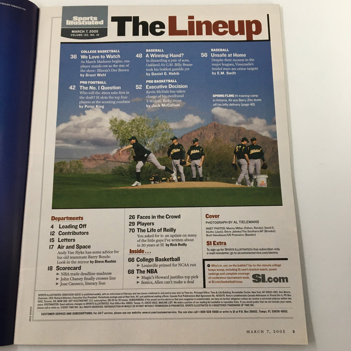 Inside page of Sports Illustrated Magazine March 7 2005 displaying 'The Lineup' section, highlighting college basketball and MLB articles.
