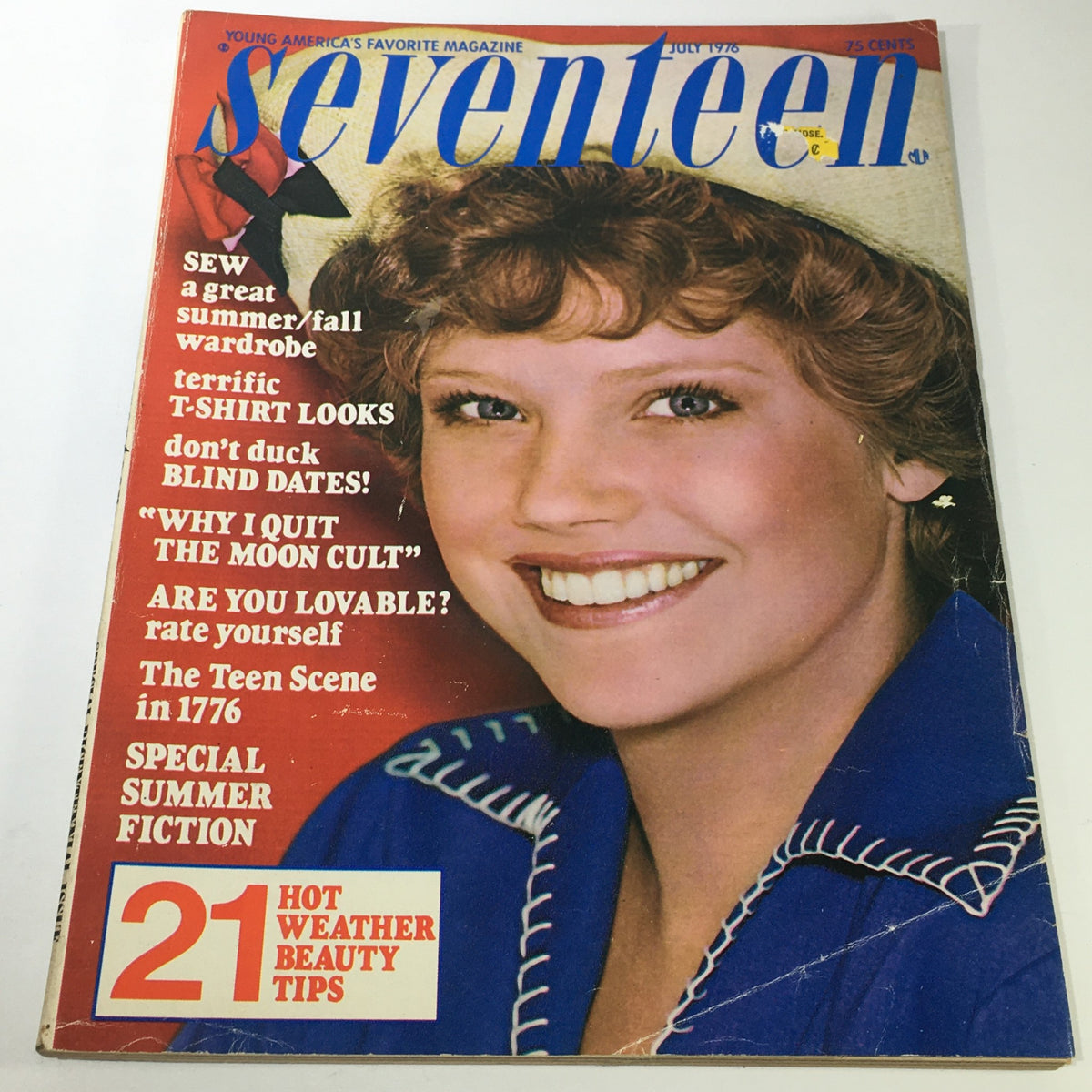 Cover of VTG Seventeen Magazine: July 1976 featuring a smiling young woman with curly hair, showcasing summer and fall wardrobe tips. The magazine highlights include fashion advice, beauty tips, and articles relevant to the era.