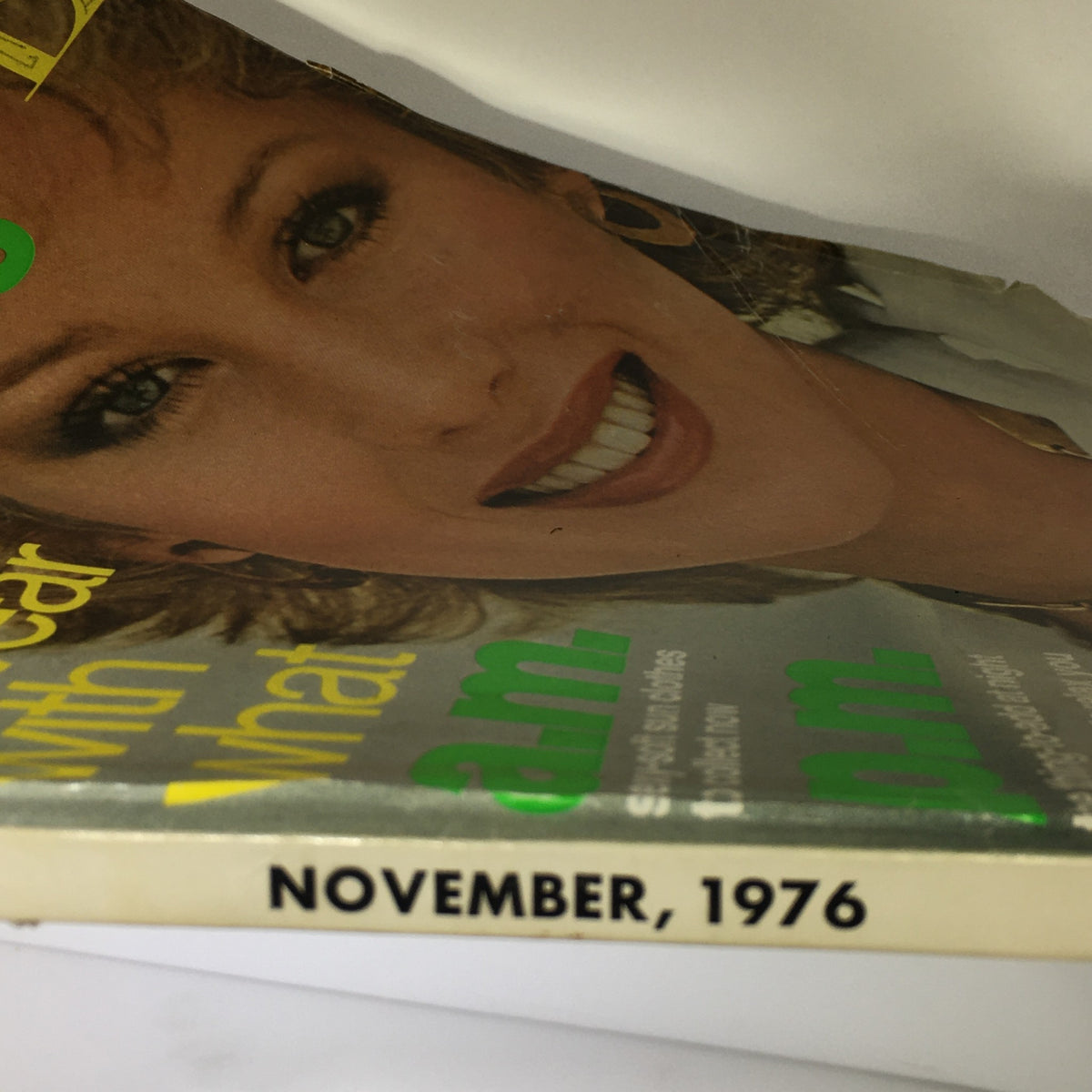 Cover of VTG Vogue Magazine from November 1976 featuring Rosie Vela, highlighting her facial features and vintage hairstyle.