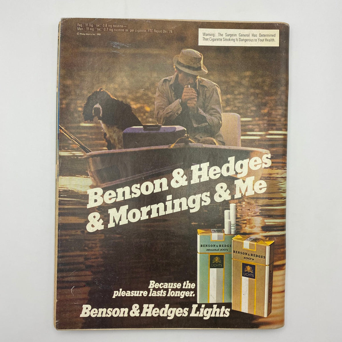 Back cover of Playboy Magazine September 1981 advertisement for Benson & Hedges cigarettes featuring a scenic imagery of a man in a boat, reflecting the nostalgic aesthetics of the era.