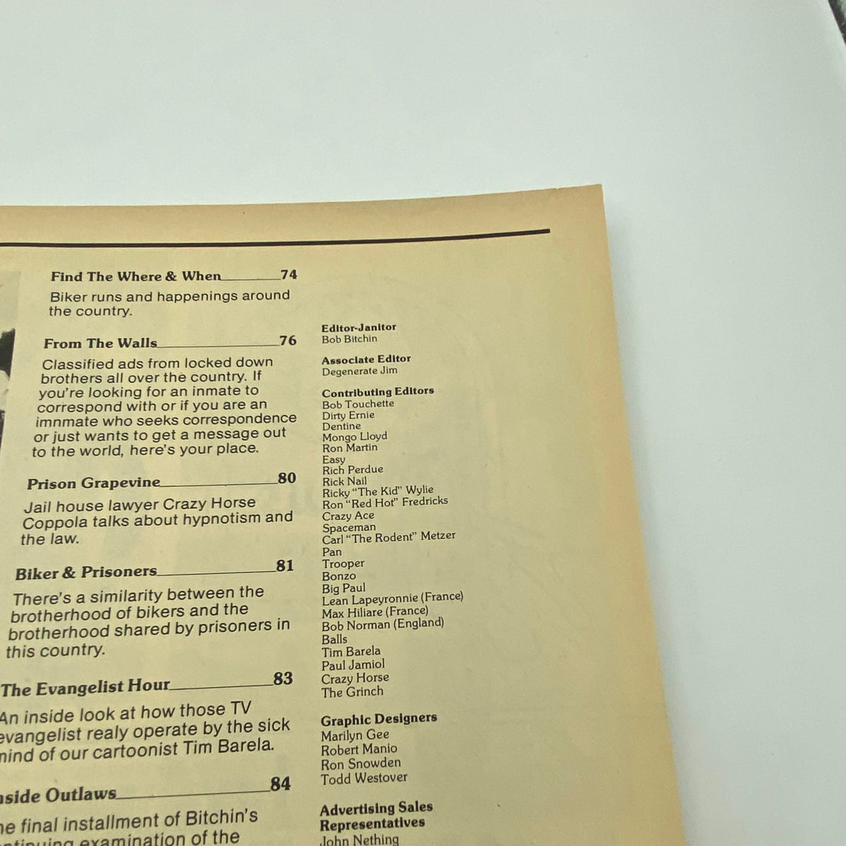 Page from the December 1982 VTG Biker Lifestyle Magazine with the editorial staff and contributions, discussing topics related to the biker culture.