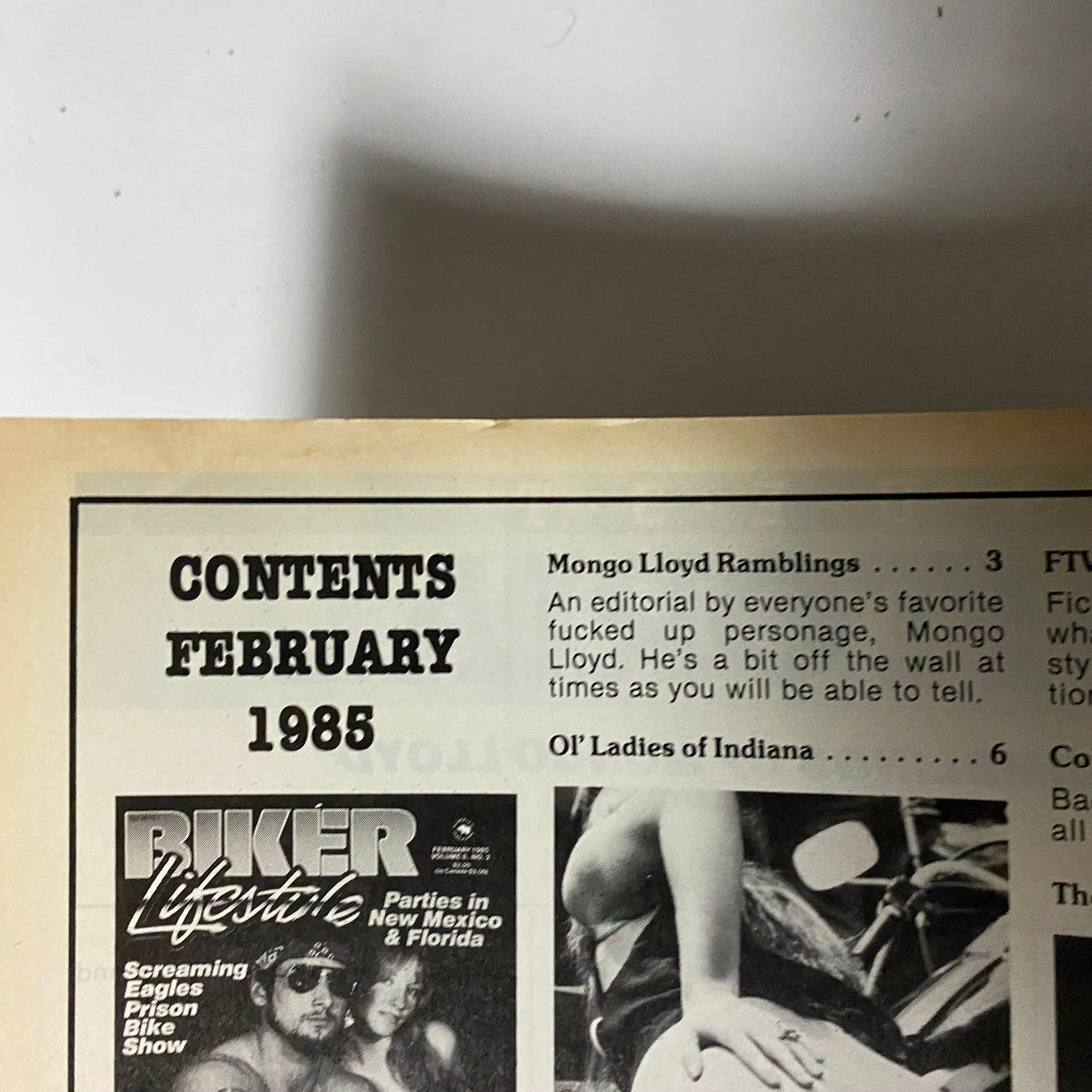 Contents page of VTG Biker Lifestyle Magazine February 1985, featuring articles including Mongo Lloyd Ramblings and Ol' Ladies of Indiana. Title: 'VTG Biker Lifestyle Magazine February 1985 Paula Strikes Again No Label'.
