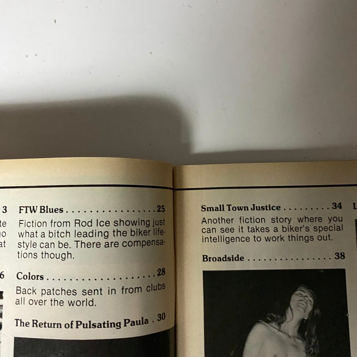 Contents section of VTG Biker Lifestyle Magazine February 1985, highlighting features like FTW Blues and the Return of Pulsating Paula. Title: 'VTG Biker Lifestyle Magazine February 1985 Paula Strikes Again No Label'.