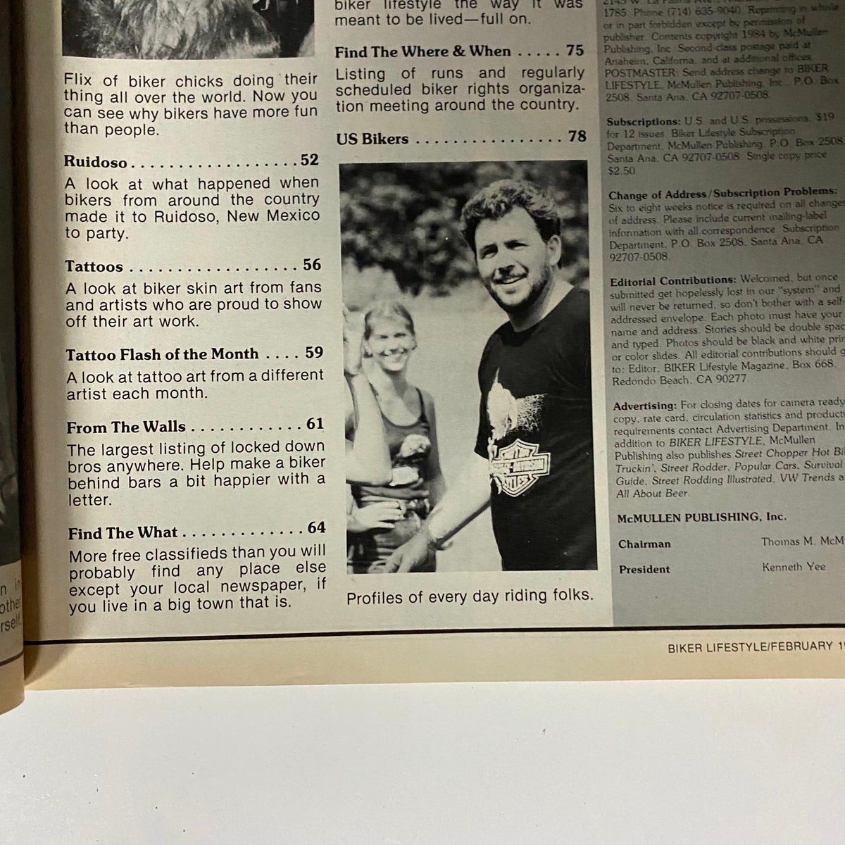 Another content page from VTG Biker Lifestyle Magazine February 1985, listing articles about biker culture, tattoos, and community events. Title: 'VTG Biker Lifestyle Magazine February 1985 Paula Strikes Again No Label'.