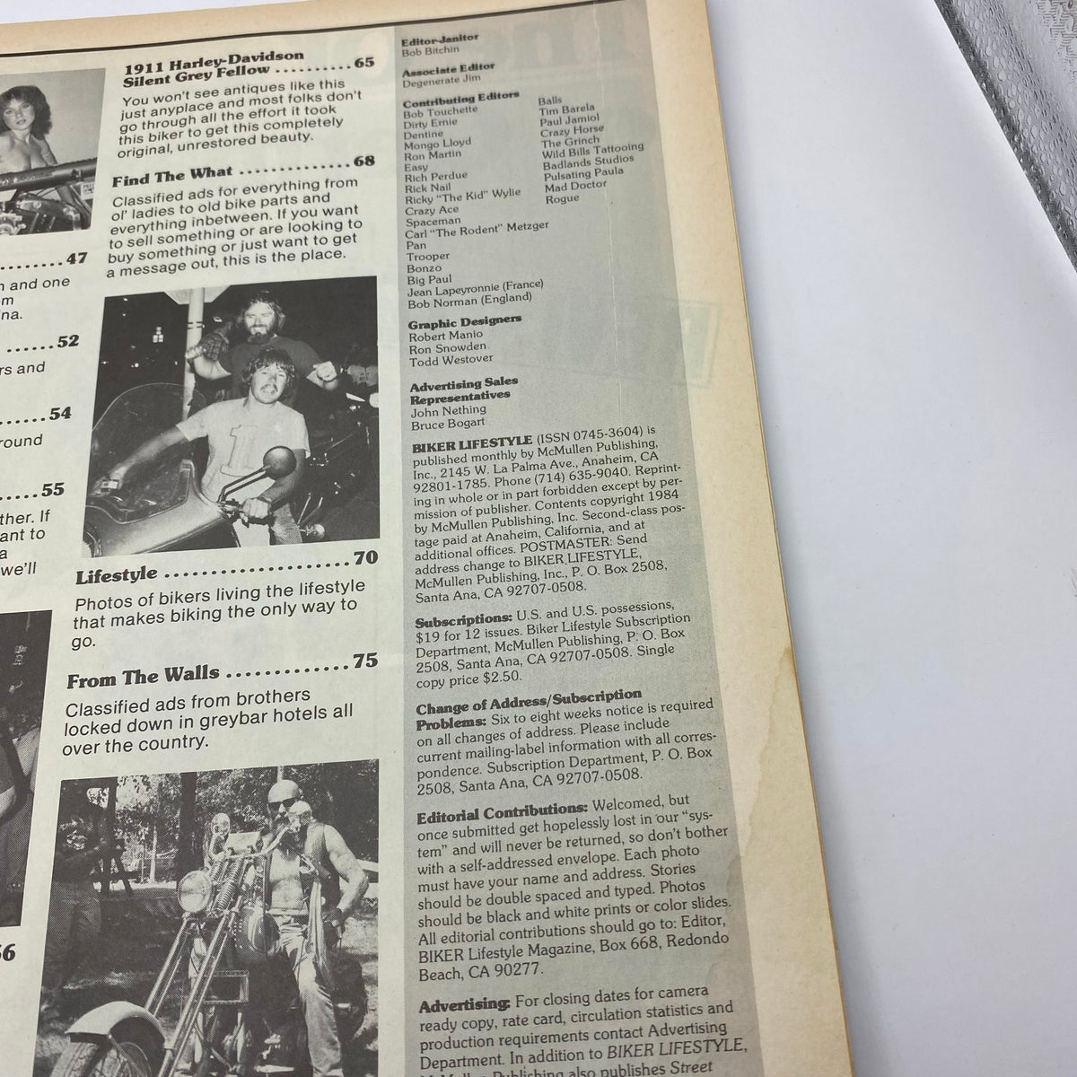 VTG Biker Lifestyle Magazine May 1984 Vol 4 #5 displaying the magazine's table of contents, highlighting articles related to biker culture.