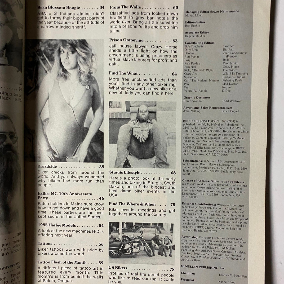 Second contents page of VTG Biker Lifestyle Magazine December 1984, showcasing features like 'Broadsides' and 'Sturgis Lifestyle', highlighting key aspects of biker communities during the era.