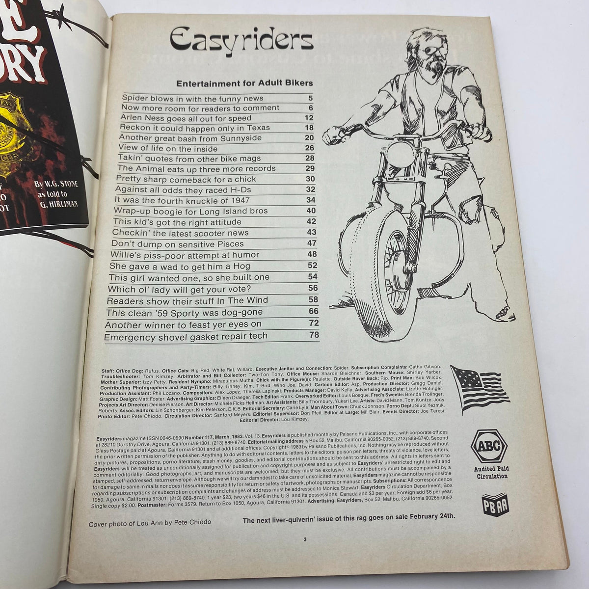 Inside page of VTG Easyriders Magazine March 1983 displaying the table of contents with various articles related to motorcycle culture, emphasizing entertainment for adult bikers.