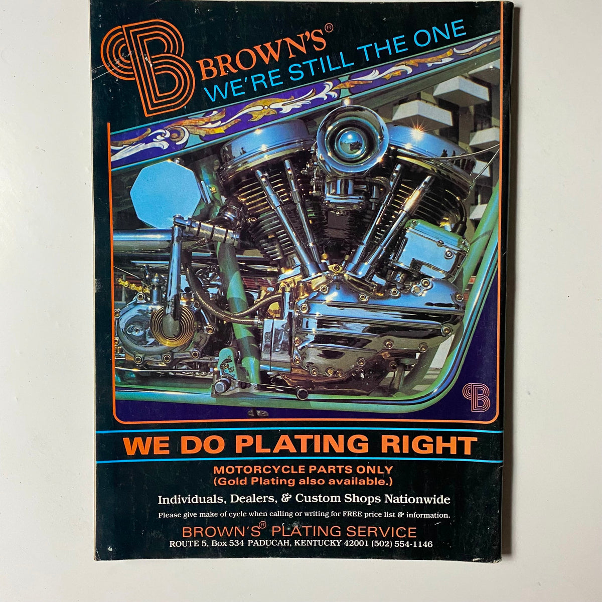Advertisement from VTG Easyriders Magazine February 1983 for Brown's Plating Service, focused on motorcycle parts and plating services.