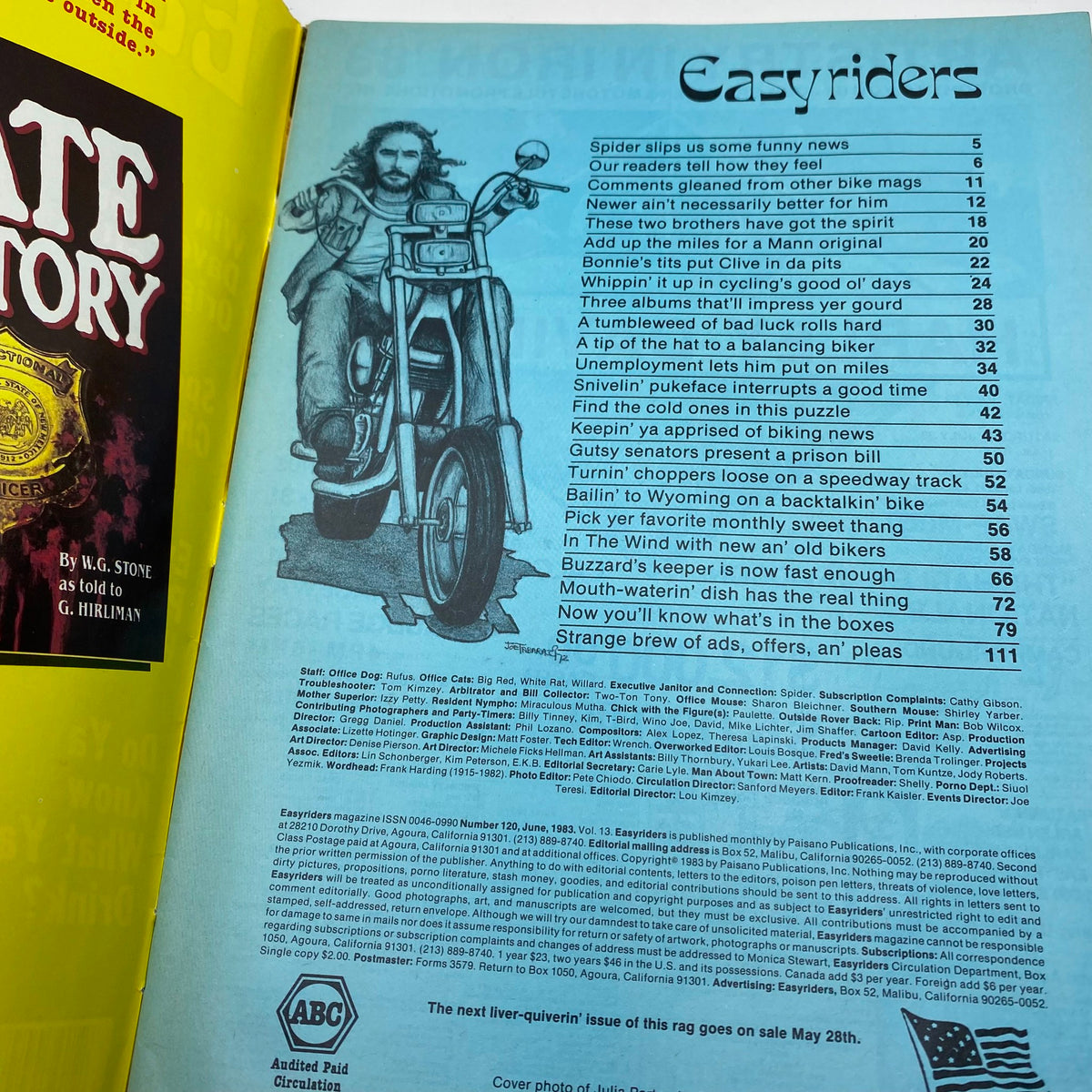 Table of contents page from VTG Easyriders Magazine June 1983 Vol 20 No. 120, detailing featured articles and features related to motorcycle culture.
