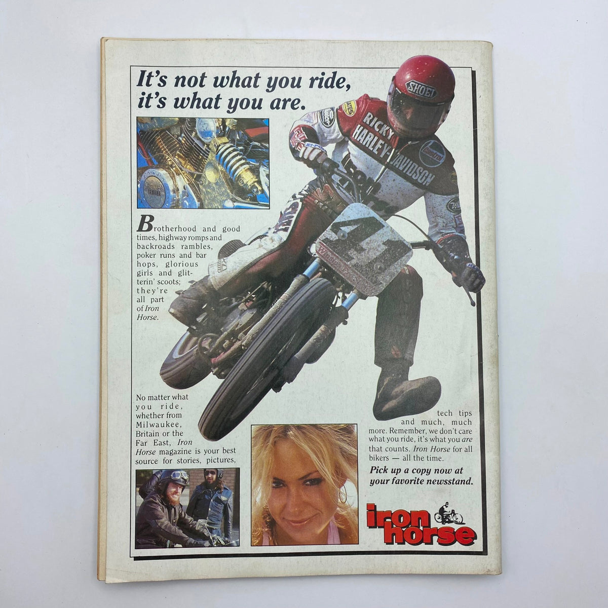 Ad page from VTG Easyriders Magazine June 1983 Vol 20 No. 120 promoting Iron Horse magazine with an action shot of a motorcycle racer and images celebrating biker lifestyle.