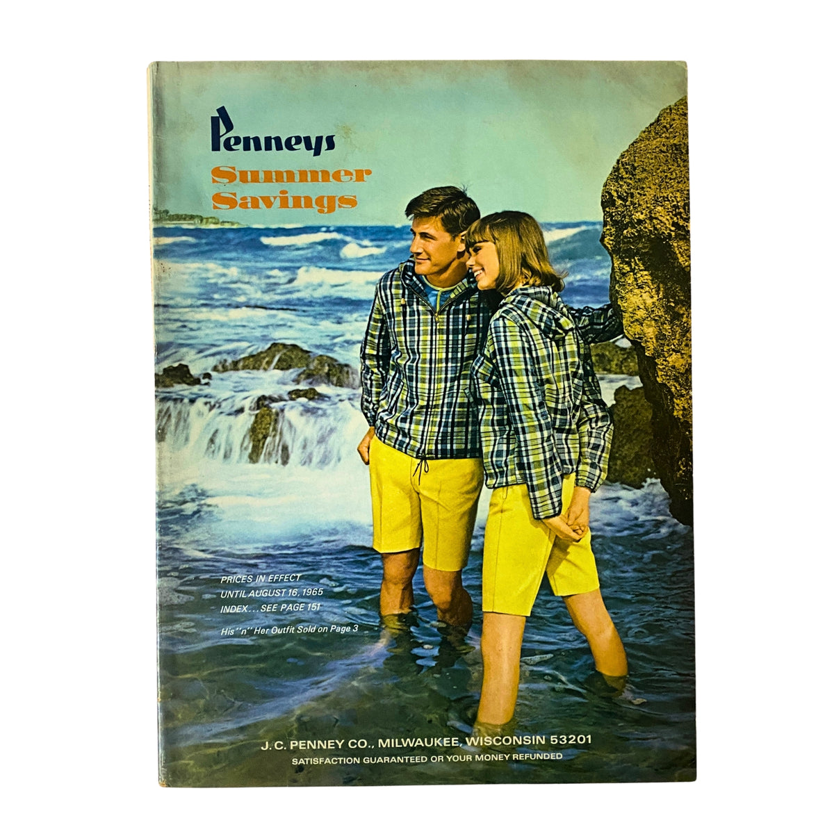 1965 JC Penneys Summer Store Catalog cover featuring a couple in matching summer outfits by the beach with the title 'Penneys Summer Savings' at the top, showcasing vintage summer fashion.