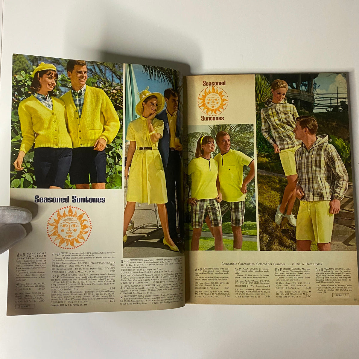 Inside spread of the 1965 JC Penneys Summer Store Catalog, highlighting vibrant summer clothing for men and women in bright yellow, with models displaying styled outfits under the title 'Seasoned Suntones'.