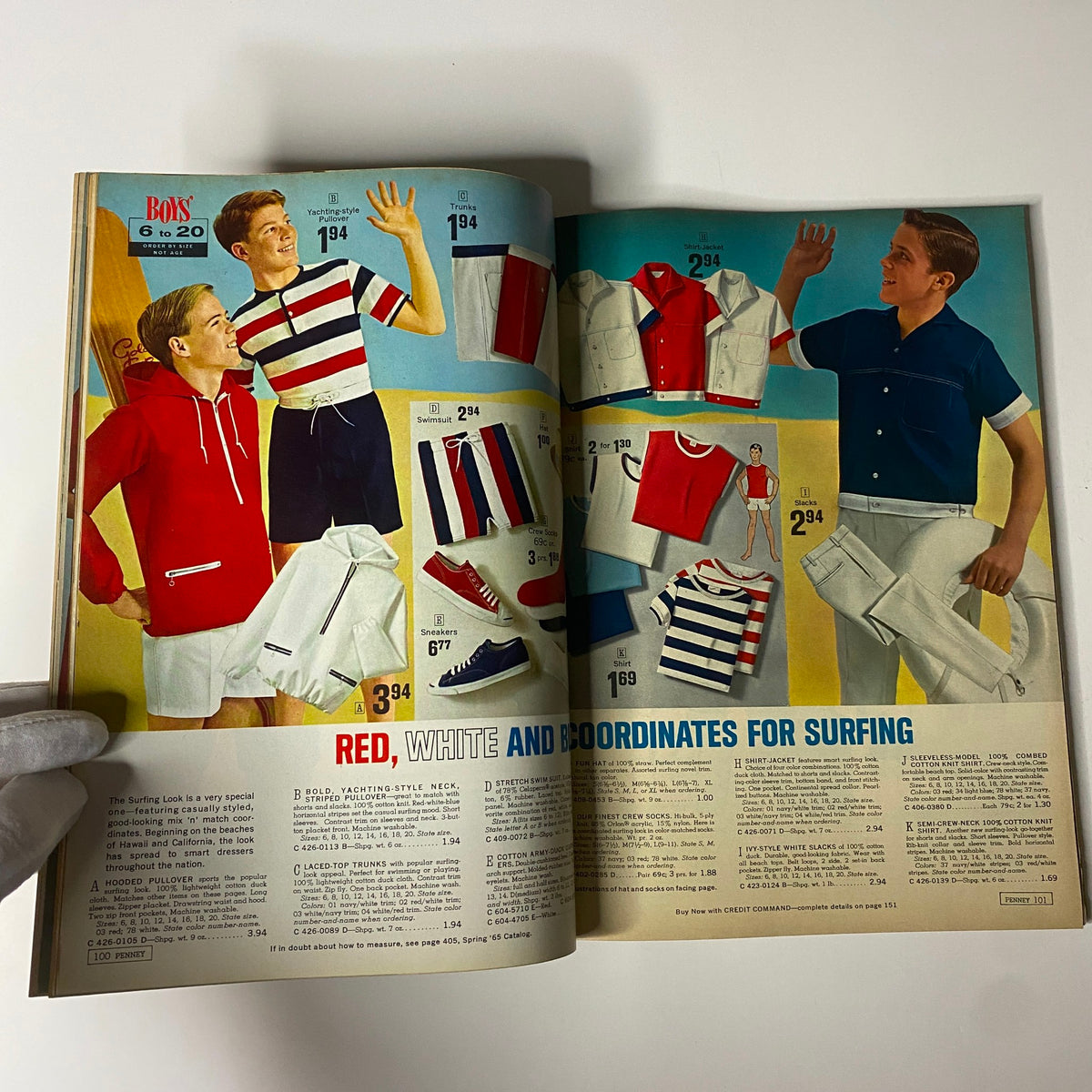 1965 JC Penneys Summer Store Catalog showcasing children's summer apparel, including boy's swimwear and casual clothing with bold colors and patterns.
