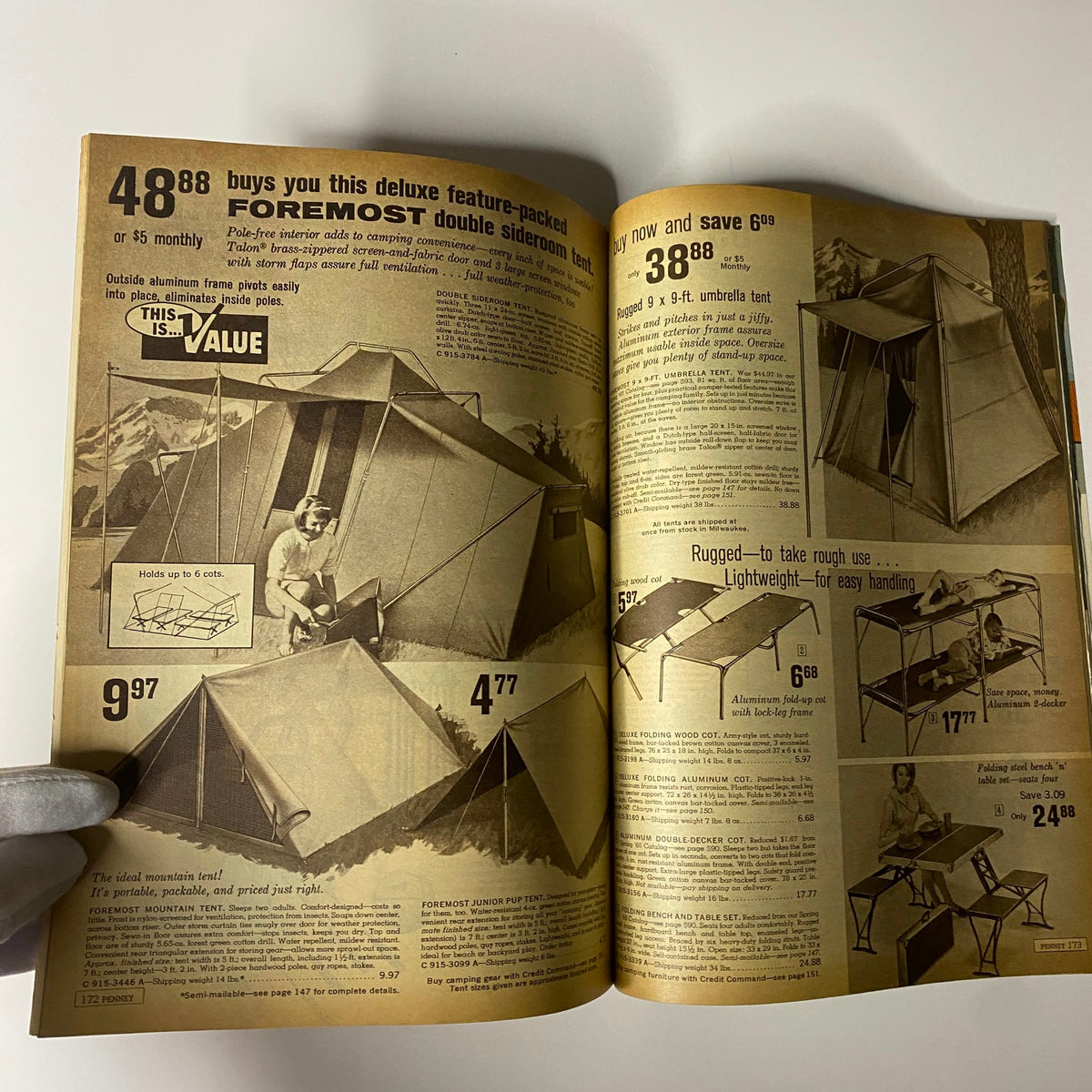 Page from the 1965 JC Penneys Summer Store Catalog displaying camping tents and outdoor gear with pricing details, highlighting their quality and usability for summer activities.
