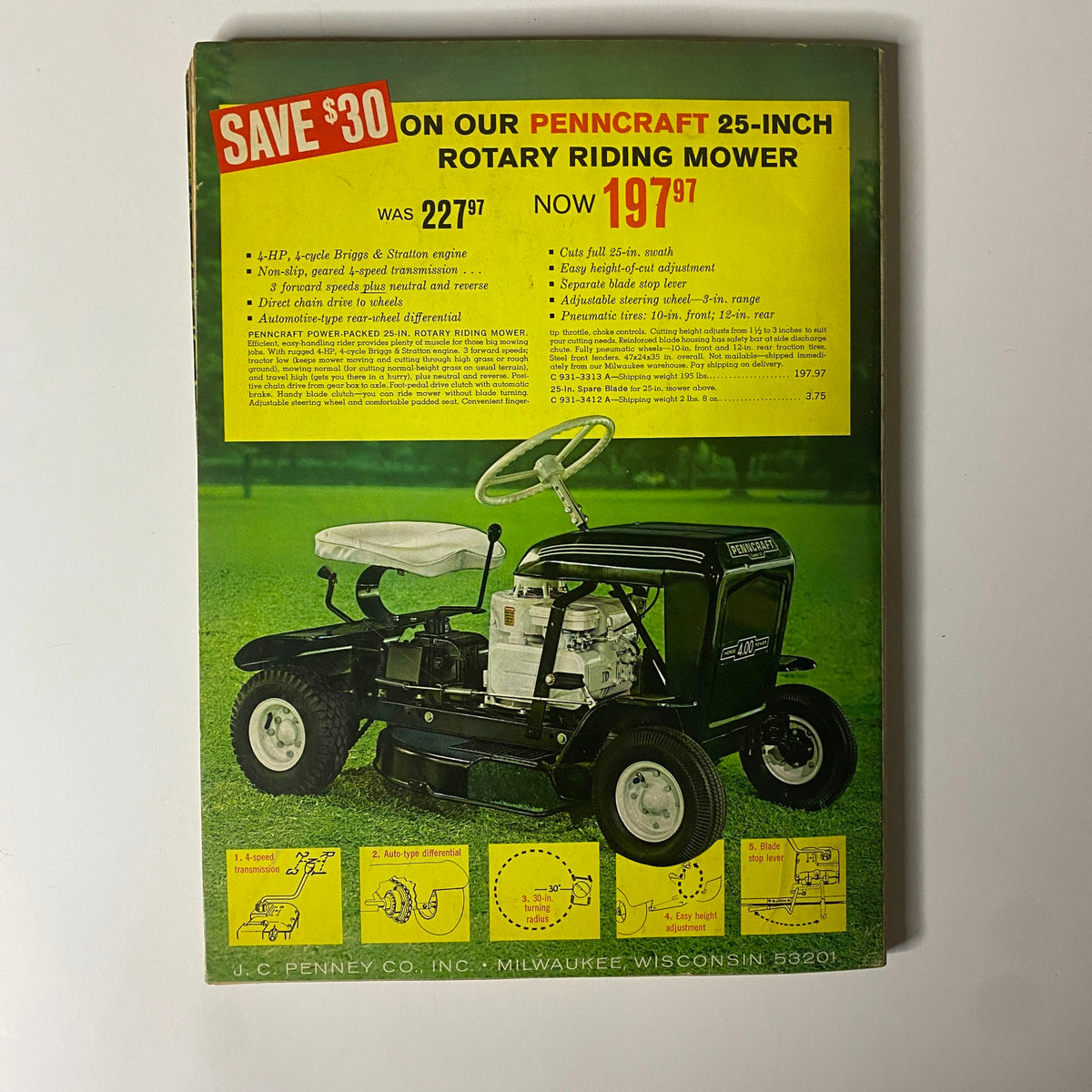 Back cover of the 1965 JC Penneys Summer Store Catalog promoting the Penncraft 25-inch Rotary Riding Mower with savings details and specifications.