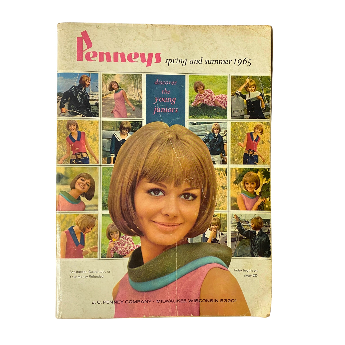 1965 JC Penneys Spring and Summer Store Catalog cover featuring a young model with a stylish bob haircut, showcasing vibrant 1960s fashion for juniors.