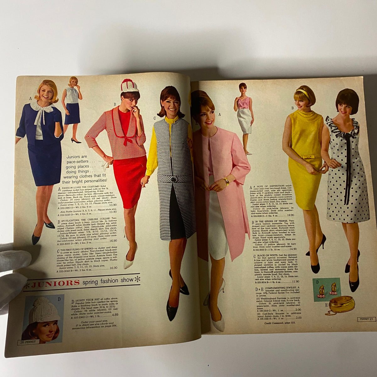 Fashion display from the 1965 JC Penneys Spring and Summer Store Catalog, showcasing a variety of junior women's dresses and accessories, emphasizing vibrant styles of the 1960s.