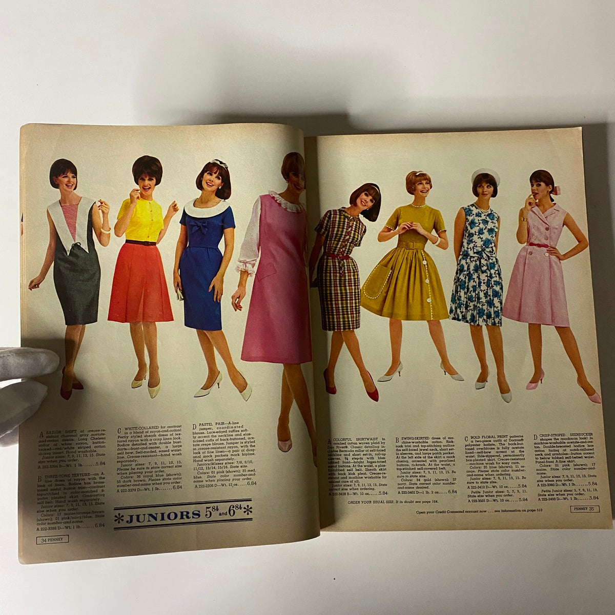 1965 JC Penneys Spring and Summer Store Catalog showcasing a variety of colorful junior dresses on models, reflecting mid-1960s American fashion.