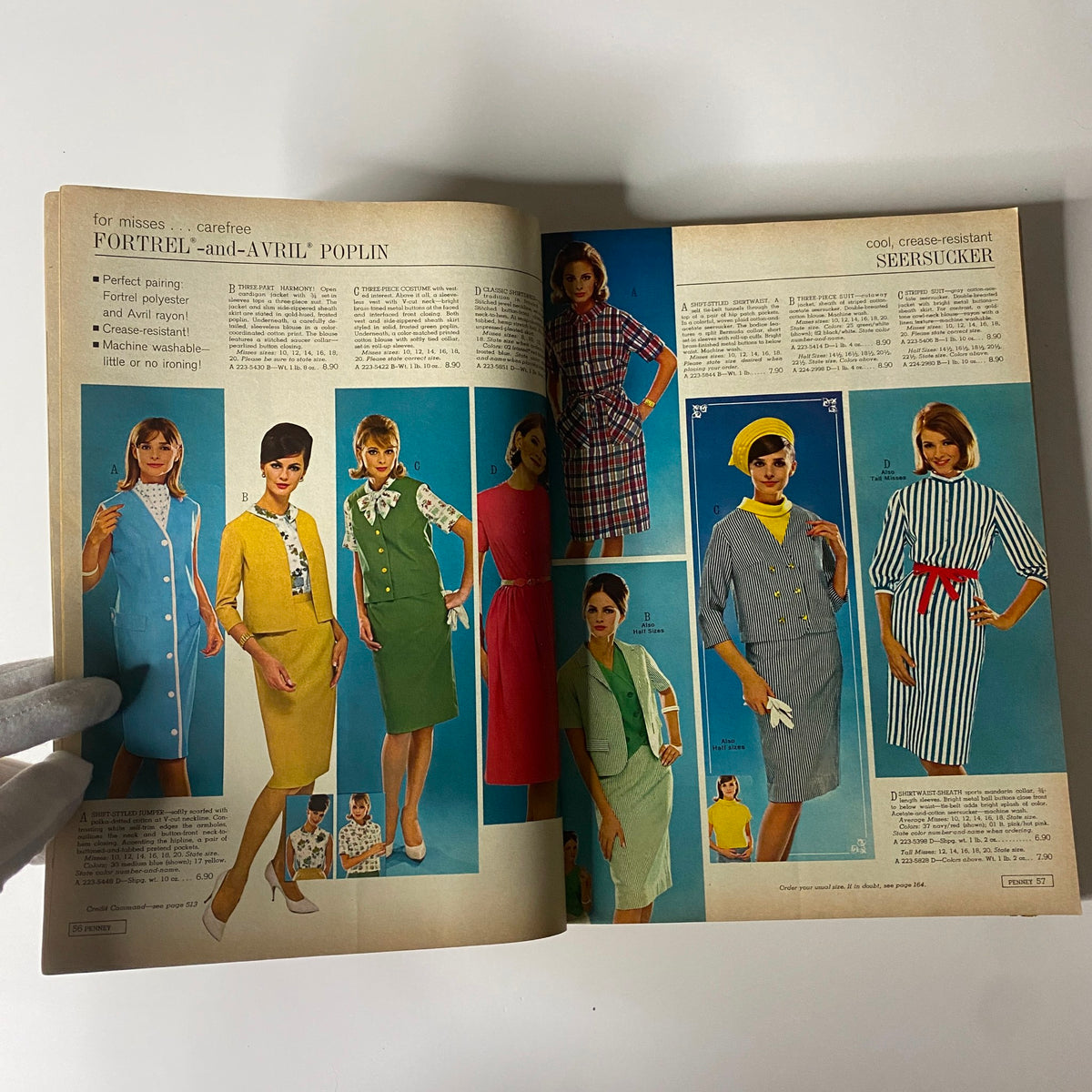 1965 JC Penneys Spring and Summer Store Catalog page featuring stylish dresses made from Fortrel and Avril Poplin, highlighting mid-century modern American style.