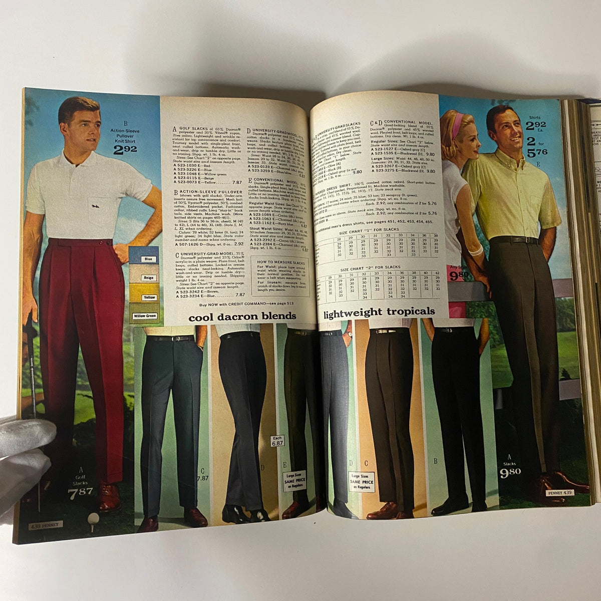 1965 JC Penneys Spring and Summer Store Catalog illustrating men's fashion, including casual wear and lightweight tropical styles popular in the mid-1960s.