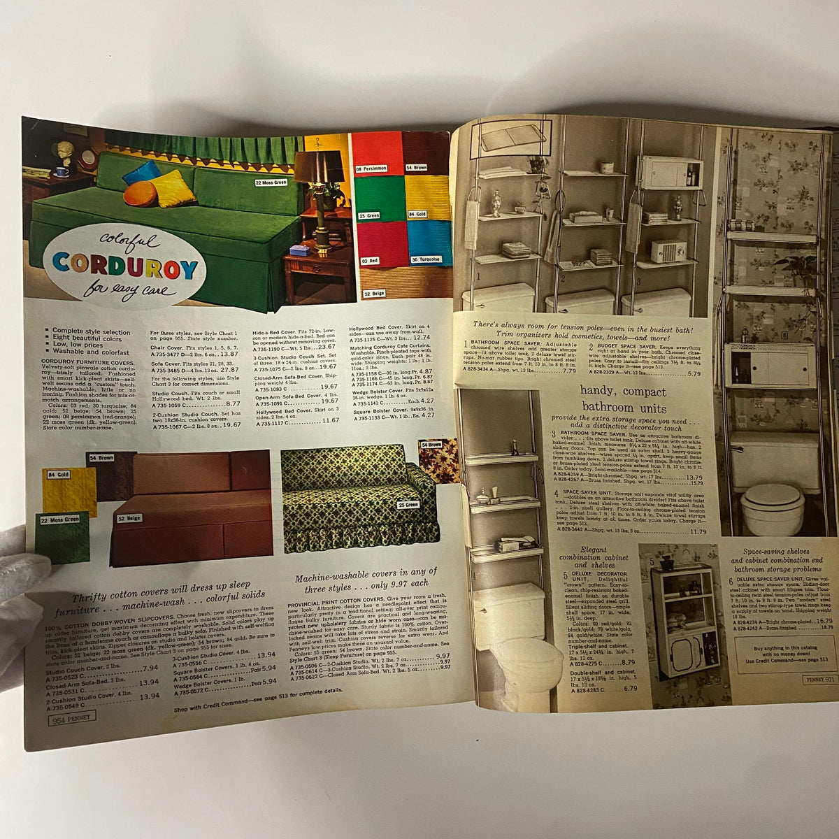 1965 JC Penneys Spring and Summer Store Catalog featuring colorful corduroy furniture covers and compact bathroom units. The image illustrates vibrant fabric options and practical storage solutions for mid-century homes.