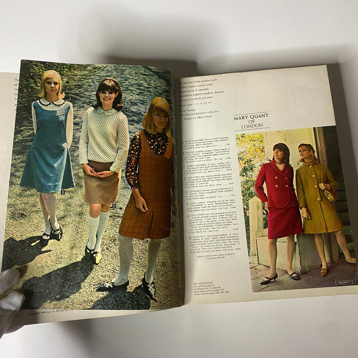 Interior page from the 1965 JC Penneys Fall and Winter Store Catalog displaying models in Mary Quant designs, highlighting popular British fashion trends of the era.
