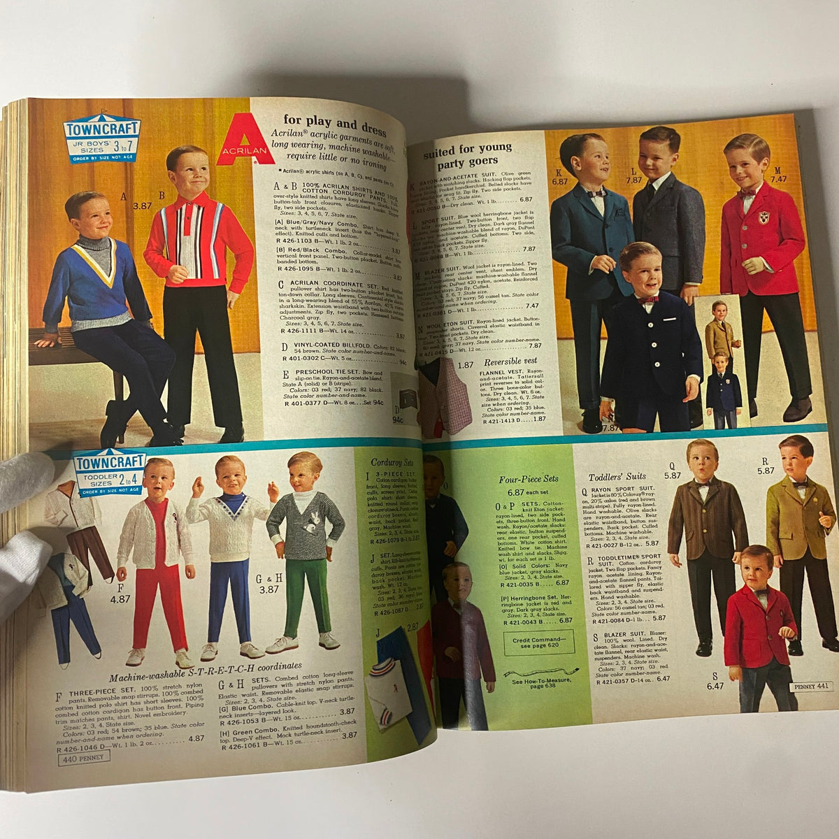 1965 JC Penneys Fall and Winter Store Catalog page displaying children's clothing options for boys, showcasing a variety of stylish play and formal wear.