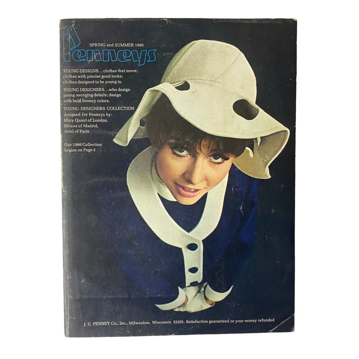1966 Penneys, J.C. Penney Co. Inc. Spring and Summer Store Catalog cover featuring a young woman wearing a large hat and fashionable outfit.