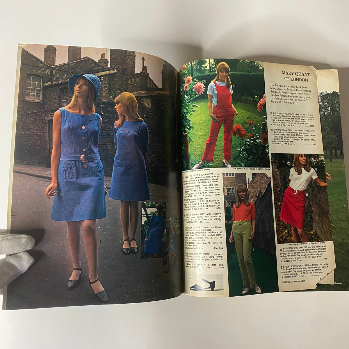 Interior page from the 1966 Penneys, J.C. Penney Co. Inc. Spring and Summer Store Catalog displaying models in colorful Mary Quant fashion outfits in a garden setting.