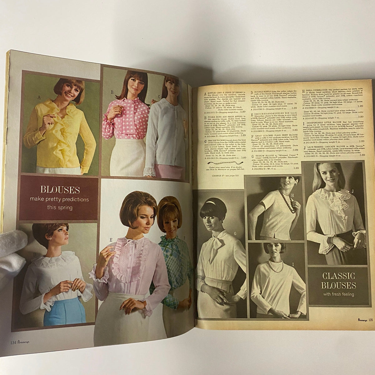 1966 Penneys, J.C. Penney Co. Inc. Spring and Summer Store Catalog displaying a variety of blouses in pastel colors, ideal for the spring season.
