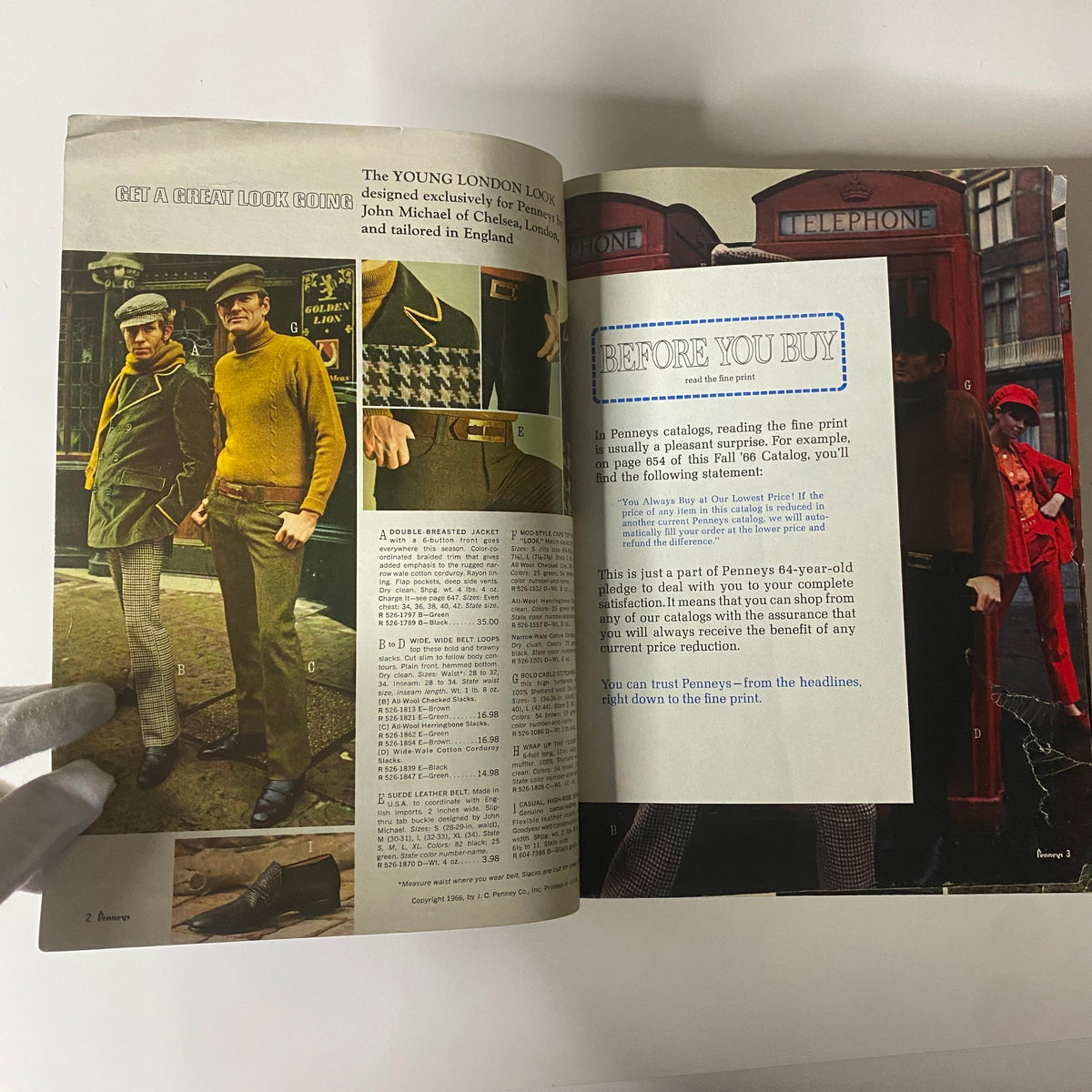 1966 JC Penneys Fall and Winter Store Catalog featuring young men in fashionable attire against a backdrop of classic London telephone boxes, showcasing style options presented in the catalog.